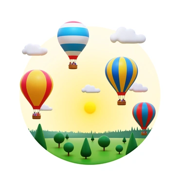 A collection of colorful hot air balloons drifting in the morning sky. Each balloon is unique in design and color, showcasing a vibrant palette of reds, yellows, blues, and greens. The balloons are tethered to their respective baskets, each one holding a small group of passengers. The sun is rising, casting a warm golden glow on the scene. Soft, fluffy clouds are scattered throughout the sky, adding depth to the composition. The landscape below is dotted with trees and fields, creating a picturesque view beneath the floating balloons.