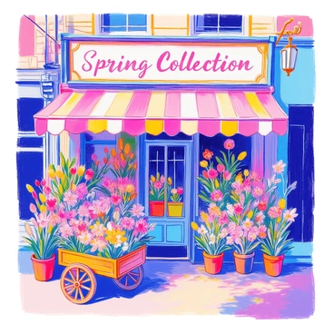 A flower shop is adorned with a large sign that reads "Spring Collection Coming Soon." The shop's front is decorated with an array of colorful blooms, including tulips, daisies, and peonies, in various shades of pink, yellow, and purple. Flower pots line the entrance, overflowing with vibrant green leaves and blossoms. A wooden cart nearby holds additional fresh flowers, and the sunlight casts a warm glow over the scene, enhancing the vivid colors of the flowers.