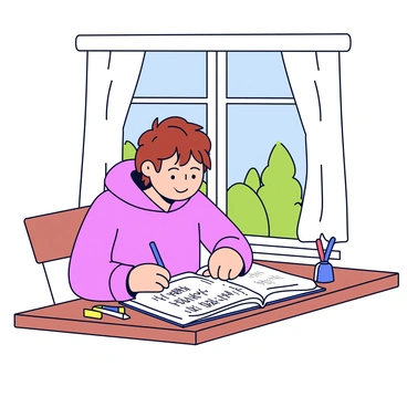 A teenager sitting at a wooden desk by a window, with soft sunlight streaming in. The teenager has short brown hair and is wearing a comfortable hoodie. They are focused on writing in a journal that is open in front of them. The journal pages are filled with colorful doodles and handwritten thoughts. The window has a simple white curtain, and outside, there are a few green trees visible. On the desk, there is a colorful array of pens scattered around.