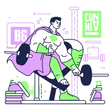 A superhero with exaggerated muscles is positioned on a leg press machine, showcasing their powerful physique. The superhero wears a distinctive costume, complete with a cape that flares out dramatically. Straining against the weights, their expression reflects determination and focus. Action lines radiate from the machine to emphasize movement and intensity. In the background, the gym environment is filled with various fitness equipment, while a motivational poster hangs on the wall. Various weights are stacked on the machine, highlighting the superhero's strength and capability.