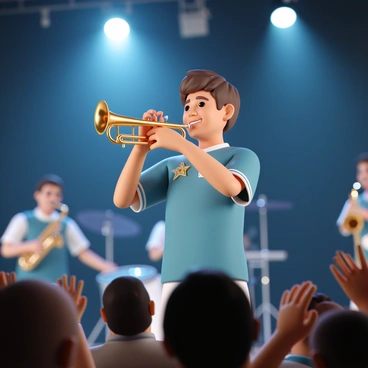 A high school band member, wearing a blue and white band uniform with a shiny gold badge on the chest, is enthusiastically playing a trumpet on stage. The character has short brown hair and is smiling as they focus on the music. Bright stage lights shine down, highlighting their energetic pose. Other band members are visible in the background, with one holding a saxophone and another playing drums, all contributing to the lively atmosphere of the performance. The audience can be seen in the foreground, clapping and enjoying the show.