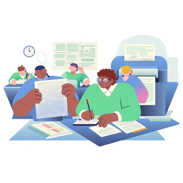 Journalists and editors frantically working in a busy newspaper pressroom