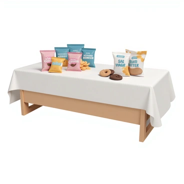 A snack table made of wood, featuring a clean, white tablecloth. On one side of the table, there are four bags of chips, each bag brightly colored and displaying different flavors such as "Barbecue", "Sour Cream & Onion", "Cheddar", and "Salt & Vinegar". On the opposite side of the table, there are three bags of cookies, showcasing flavors like "Chocolate Chip", "Oatmeal Raisin", and "Peanut Butter". The bags are arranged neatly, clearly illustrating the ratio of 4 to 3. The setting has good lighting, highlighting the textures and colors of the snacks.