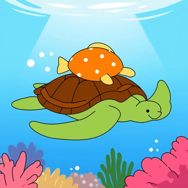 A bright orange puffer fish with small white spots is comfortably perched on the back of a large green sea turtle. The turtle's shell is a rich brown with intricate patterns, glistening as it swims gracefully in the clear blue ocean. Sunlight filters down through the water, casting a soft glow around them. The sea turtle's flippers gently move as it glides through colorful coral formations below. Bubbles rise around them, adding a playful touch to the scene. The puffer fish appears relaxed, with its fins slightly spread, enjoying the ride.