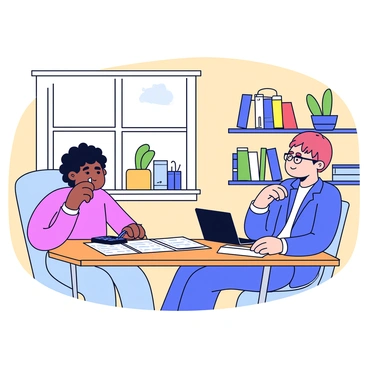A financial advisor with short, dark hair is seated at a modern wooden desk in a home office. The desk is cluttered with financial documents, a laptop, and a calculator. Across from the advisor, a young graduate with curly hair and glasses looks attentively at a notepad, taking notes. The walls of the office are painted in a soft beige color, and there are shelves filled with books and plants in the background. A window allows natural light to enter the room, illuminating the scene.