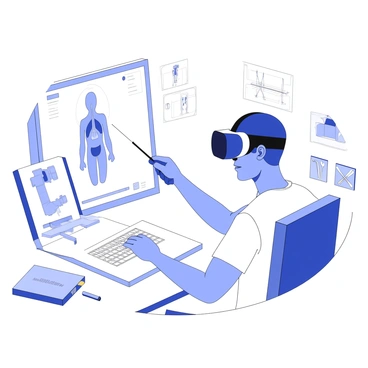 A medical student is wearing a virtual reality headset while seated at a desk. The student is focused on a three-dimensional holographic display of a human anatomy. Gloved hands are manipulating virtual surgical tools that appear in front of them. On the desk, there is a laptop with additional medical software open, alongside a textbook on surgical techniques. The room is equipped with medical diagrams on the walls and various surgical instruments neatly organized on a nearby table. The student's expression conveys concentration and determination as they engage in the virtual practice.