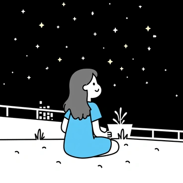 A girl with long brown hair is sitting on a rooftop. She is wearing a light blue dress and has her legs crossed. The sky above her is filled with numerous bright stars, twinkling against the dark backdrop. She is looking upwards, her eyes reflecting the light of the stars. The rooftop has some scattered plants and a small railing, adding detail to the scene. The city skyline can be faintly seen in the distance, silhouetted against the night sky.