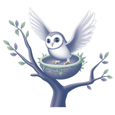 A baby owl is perched at the edge of a tree nest. Its wings are outstretched, ready for its first flight. The owl has soft, fluffy feathers with distinct patterns visible on its body. The nest is built into the crook of a sturdy tree branch, surrounded by green leaves. Below the nest, the ground is visible with patches of grass. The expression on the owl's face shows a mix of determination and curiosity as it prepares to take off into the air.