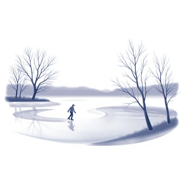 A frozen lake covered in a smooth layer of ice, glistening under the sunlight. In the distance, a solitary figure is ice skating gracefully across the surface. The figure wears a warm outfit, with a beanie and gloves, leaving a trail of curved lines on the ice behind them. Surrounding the lake are bare trees with intricate branches extending outward, creating a stark contrast against the white landscape. The sky above is clear, allowing for a bright atmosphere that enhances the tranquility of the scene.