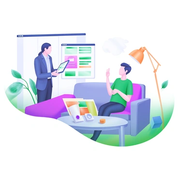 A living room setting with a comfortable couch, a coffee table, and a few plants in the background. A salesperson, wearing a neat business casual outfit, is standing next to the coffee table, holding a tablet and discussing product options. Across from them, the customer, dressed in casual attire, is seated on the couch, looking engaged and interested. There are brochures and a sample product displayed on the table between them, and a warm glow from a nearby lamp adds to the inviting atmosphere of the home.