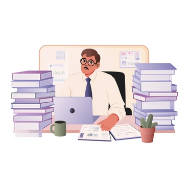 A digital flat illustration depicting an accountant sitting at a cluttered desk. The accountant is a middle-aged person with short brown hair and glasses, wearing a white shirt and dark blue tie. Surrounding them are large stacks of paperwork on either side, some are open with visible graphs and numbers. A silver laptop is open in front of the accountant, displaying a spreadsheet. There is a green coffee mug on the desk, and a small plant in a pot sits at the corner of the desk. The background shows a light-colored office wall with a clock and a calendar.