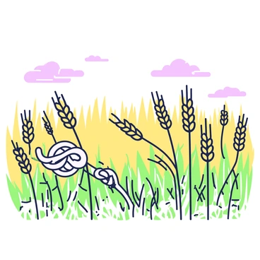 A vast field of wheat stretches across the landscape, with a rich texture of golden stalks swaying gently in the breeze. Among the wheat, several stalks are entwined together, forming distinctive brezel shapes. The intertwined stalks create intricate patterns that contrast with the straight lines of the surrounding wheat. The sun casts soft shadows on the ground, accentuating the details of the wheat stalks and the unique brezel formations. A few wispy clouds are visible in the clear sky above, providing a gentle backdrop to this field scene.