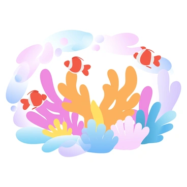 An underwater scene featuring an intricate arrangement of colorful corals in various shapes and sizes. The corals display vibrant hues of pink, orange, yellow, and blue. Clownfish are swimming among the corals, creating dynamic patterns with their movements. The background is filled with soft gradients of pastel colors that enhance the overall composition.