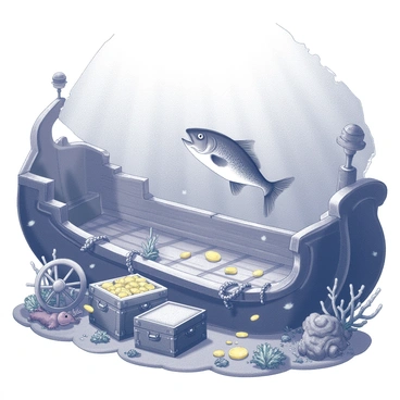 A cod fish swimming through the interior of a sunken pirate ship. The ship's wooden structure is broken and covered in marine growth. Visible elements include scattered treasure chests with open lids, displaying gold coins and jewels. There are ropes entangled in coral, and a large ship's wheel resting on the ocean floor. Light filters through the water, casting patterns on the ship’s surfaces, while various small fish dart around, creating a lively atmosphere.