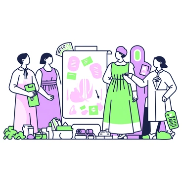A traditional painting featuring a scene that showcases various historical perspectives on breast health care. In the center, there are three women of different eras, each dressed in attire representative of their time. The first woman on the left wears a long, flowing dress from the early 20th century, holding a book that symbolizes knowledge. The second woman in the middle is dressed in a 19th-century gown, standing beside a large anatomical diagram that explains breast health. The third woman on the right is in contemporary attire, displaying modern medical equipment such as a mammogram machine. Surrounding these figures are various elements relating to breast health care practices, like herbal remedies, pamphlets, and small medical instruments, all arranged to create a cohesive narrative of evolution in breast health care.