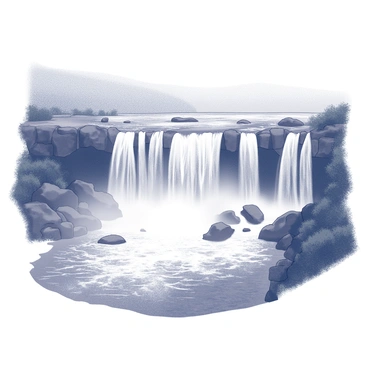 A powerful waterfall flowing dramatically into a river below. The water tumbles over rugged rocks, creating a frothy cascade as it descends. Mist rises from the base of the waterfall, partially obscuring the surrounding area. The river receives the falling water, creating ripples and small waves that spread outward. Lush vegetation lines the banks of the river, enhancing the natural setting.