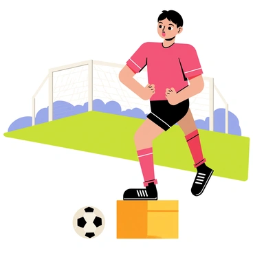 A soccer player wearing a bright red jersey and black shorts is performing step-ups on a wooden box. The player has short black hair and is focused, with sweat glistening on their forehead. In the background, a grassy field is visible, along with white goalposts and a clear blue sky. The player wears black soccer shoes with white stripes, and a soccer ball rests nearby on the grass, ready for the match.
