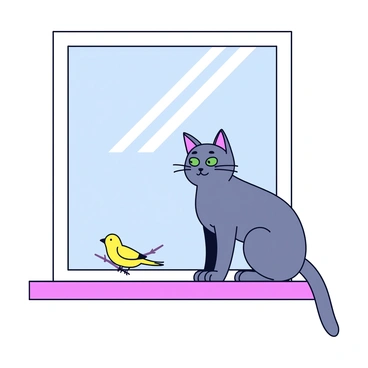 A curious cat with a sleek gray coat is perched on a wooden windowsill. The cat has bright green eyes and its ears are tilted forward, showing its interest. Outside the window, a small yellow bird is perched on a branch, chirping. The window frame is painted white, and the sunlight streams in, casting gentle shadows on the cat's fur.