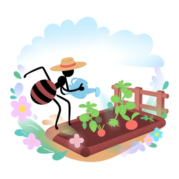 An ant wearing a straw hat is carefully tending to a miniature vegetable garden. The garden features small green plants, including tiny carrots and tomatoes. The ant is holding a small watering can, pouring water onto the plants. Surrounding the garden are colorful flowers in bloom, adding a vibrant touch. A small wooden fence encloses the garden, enhancing its charm. In the background, there is a clear blue sky with soft, fluffy clouds.