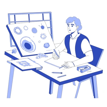 An artist is depicted sitting at a large desk filled with scientific illustrations. The artist is focused on a detailed drawing of a cell, showcasing its distinct membrane, nucleus, and organelles. Beside the cell, there are several illustrations of bacteria, displaying their various shapes, such as cocci, bacilli, and spirilla. The workspace is cluttered with pencils, markers, and reference books on microbiology. A large window in the background allows light to illuminate the intricate details of the illustrations. The artist is seen with a concentrated expression, as they carefully add fine lines and textures to their artwork depicting the microscopic world.