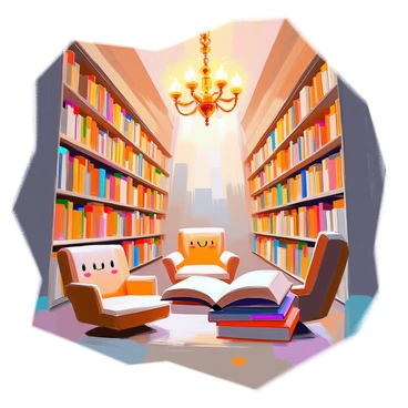 A grand library filled with towering shelves lined with countless books. Each book has a unique animated face that expresses various emotions, such as joy, surprise, and curiosity. The books are positioned closely together, creating a sense of camaraderie among them. Wisps of soft, glowing light emanate from the books, illustrating the stories they whisper to each other. The ambiance is lively and enchanting, with a warm glow from an ornate chandelier hanging from the ceiling, illuminating the scene. A plush reading nook with an inviting armchair and a small table is visible, inviting visitors to sit and listen to the whimsical tales.