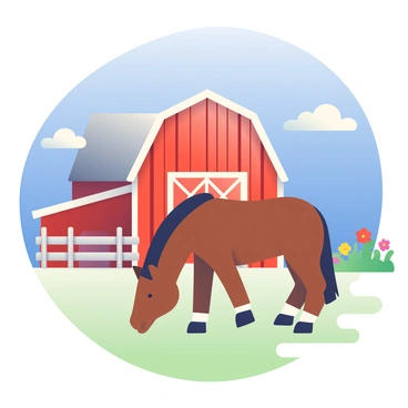 A Mustang with a sleek brown coat is grazing peacefully on green grass beside a traditional red barn. The barn has white trim and large doors, and there is a weathered wooden fence surrounding the area. In the background, a bright blue sky is dotted with a few fluffy white clouds. To the side, a patch of colorful wildflowers adds a pop of color to the scene. The warm sunlight casts gentle shadows on the ground, highlighting the peaceful atmosphere of the farm.