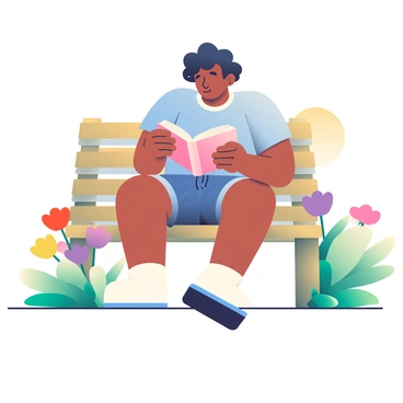 An ambivert with light brown skin and wavy black hair is sitting on a wooden bench in a peaceful garden. They are dressed in a comfortable, light blue t-shirt and denim shorts. In their hands, they hold an open book with a soft cover, and they are looking down at the pages with a slight smile. Surrounding the bench are vibrant flowers in various colors, including red, yellow, and purple, creating a lush atmosphere. The green leaves of the plants sway gently in the light breeze, adding life to the scene. The sun casts a warm glow over the garden, enhancing the cheerful colors of the flowers.