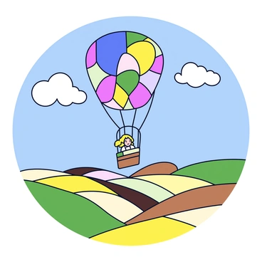 A hot air balloon with a colorful patchwork design is floating gracefully above a patchwork countryside. Below, the landscape is divided into various fields, each a different shade of green, yellow, and brown, resembling a quilt of farmland. In the basket of the balloon, a figure, identified as "Sarah," is enjoying the view, her hair gently flowing in the breeze. The sky above is bright blue with a few fluffy white clouds drifting by.