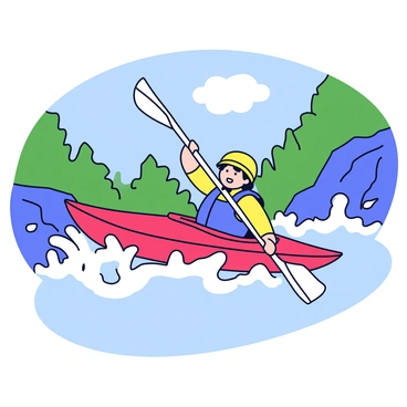 A kayaker in a bright red kayak maneuvers through turbulent white-water rapids. The river is surrounded by rocky cliffs and lush green trees along the banks. Water splashes dramatically around the kayak as the kayaker paddles with determination. The kayaker is wearing a yellow helmet and a blue life jacket, displaying a focused expression. The sky overhead is clear with a few fluffy clouds.
