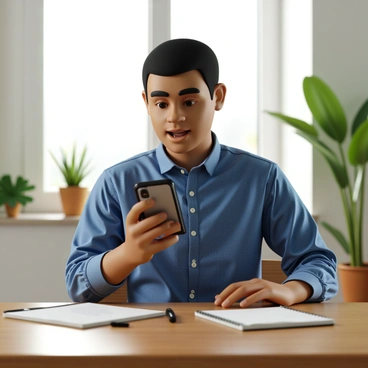 A person with medium skin tone, wearing a blue button-up shirt, is sitting at a wooden table in a well-lit room. They are holding a smartphone in one hand, which displays a colorful app interface showing life insurance policy details. The person's expression is focused as they scroll through the information on the screen. On the table, there is a notebook and a pen, suggesting they are taking notes or making plans related to their insurance. In the background, there are some houseplants and a window allowing natural light to flood the space.