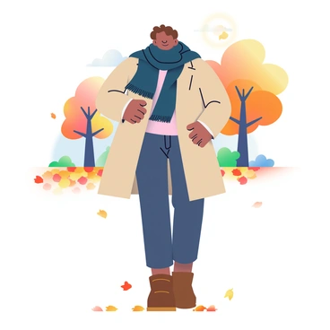 A person with medium skin and short brown hair is wrapped in a thick, dark blue scarf and a warm, beige coat. They are strolling through a park covered in a carpet of orange, red, and yellow autumn leaves. The person is wearing dark jeans and brown ankle boots, creating a cozy look for the season. In the background, there are several trees with vibrant fall foliage, and a gentle breeze is causing some leaves to swirl around them. The sky is clear with a soft sunlight casting a warm glow over the scene.