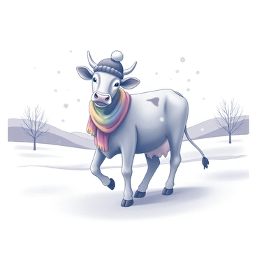 A cow standing in a snowy landscape. The cow is adorned with a colorful scarf wrapped around its neck and a winter hat perched on its head. The ground is blanketed with snow, and gentle snowflakes are falling from the sky. In the background, there are distant snow-covered hills and a few bare trees, adding to the winter scene. The cow gazes curiously in front of it, creating a whimsical atmosphere in the tranquil setting.