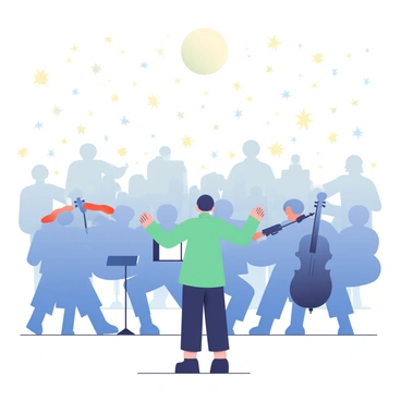Silhouettes of a large orchestra are positioned in the foreground, with various musicians playing their instruments. The conductor is standing at the front, poised with a baton in hand. Behind them, a starry night sky is visible, filled with twinkling stars in various sizes. The moon hangs low in the sky, casting a soft light over the scene. The outlines of the musicians include a violinist, a cellist, and a flutist, all engaged in their performance. The setting evokes a sense of harmony and unity among the artists under the vast expanse of stars.