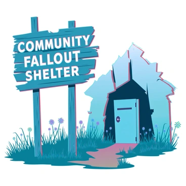 A weathered sign made of aged wood, with peeling paint and visible cracks, stands at an angle. The sign has faded letters that read "Community Fallout Shelter" in bold, uppercase font. It is positioned near a rustic, partially overgrown path leading to a metal door set into the ground, which indicates the entrance to the shelter. The surrounding area includes tall grass and wildflowers, with an overcast sky looming above, hinting at an impending storm. The atmosphere is tense, emphasizing the importance of the shelter indicated by the sign.