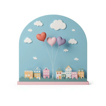 A colorful street mural featuring "heart-shaped balloons" in various shades of red, pink, and purple. The balloons are depicted as they float upwards into a clear blue sky, each balloon tethered with delicate strings. Below the balloons, there is a bright urban landscape with "buildings" painted in lively colors, creating an engaging contrast. The mural has intricate details that include playful clouds scattered throughout the sky, enhancing the sense of depth and movement.