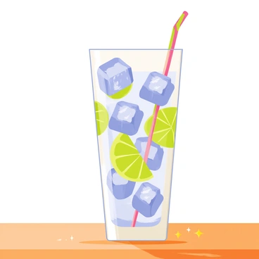 A tall, clear glass filled with iced water sits on a wooden table. The glass showcases several shiny ice cubes floating within the water. Bright green slices of lime are also floating on the surface, their vibrant color contrasting with the transparent liquid. Sunlight reflects off the glass, creating small sparkles on the table's surface. A straw, bent and colorful, is placed inside the glass.