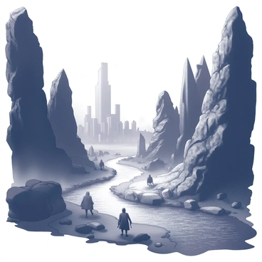 A dark and mysterious realm with jagged cliffs and a foreboding atmosphere. The landscape is dominated by black rocks and shadowy forms, creating an eerie environment. In the foreground, the "river Styx" flows serenely, its surface reflecting the surrounding darkness. Along the riverbank, ghostly figures wander aimlessly, their forms partially obscured by mist. In the distance, towering structures loom, hinting at the presence of ancient ruins or temples. The overall composition evokes a sense of depth and desolation, characteristic of a place beyond the living world.