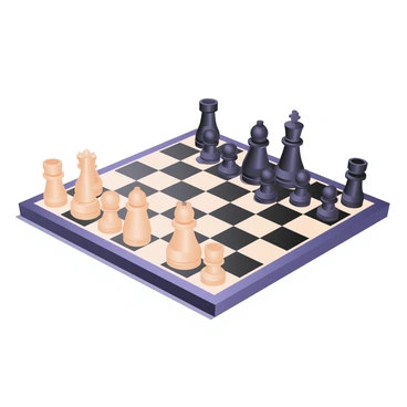 A digital flat illustration of a 3D chessboard set at an angle to showcase its depth. The chessboard has black and white squares, and on it, chess pieces are arranged in a strategic formation. The pieces include a white king, queen, bishops, knights, rooks, and pawns on one side, and a black king, queen, bishops, knights, rooks, and pawns on the opposite side. The pieces are distinct with shiny surfaces, reflecting light, and the overall setting includes a subtle shadow beneath the chessboard to enhance its 3D effect.
