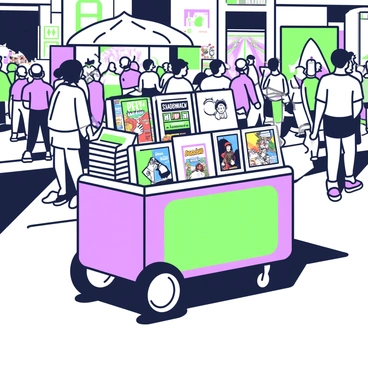 A mobile comic cart filled with graphic novels and magazines at a comic con event
