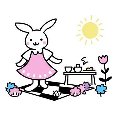 A Maileg bunny, wearing a pink fancy dress with white lace trim, is standing on a small checkered picnic blanket. The bunny has large floppy ears and a cheerful expression. In front of the bunny, there is a small round table set with a delicate tea service, complete with a teapot, teacups, and a plate of colorful pastries. Surrounding the tea party are various flowers in vibrant colors, such as daisies, tulips, and roses, creating a lively garden atmosphere. The sun is shining, casting a warm light over the scene.