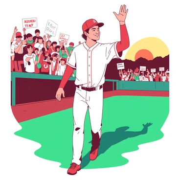A duotone illustration features a teal Shohei Ohtani smiling as he waves at fans while walking onto the baseball field. He is wearing a white baseball uniform with red accents, and his cap is slightly tilted. In the background, a crowd of excited fans can be seen, some holding up signs and others waving back. The baseball field is depicted with a vibrant green grass surface, creating a lively scene as the sun sets in the background, casting soft shadows.