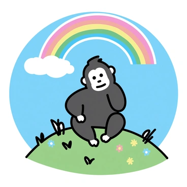 A gorilla with dark fur is sitting atop a grassy hill. The hill is gently sloped and has patches of wildflowers in various colors scattered around. Above the gorilla, a vibrant rainbow arcs across the sky, its colors clearly defined and bright. The background features a clear blue sky, enhancing the vividness of the rainbow and the serene setting.