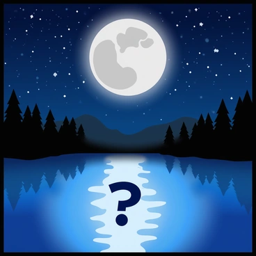 A tranquil night sky filled with twinkling stars and a large, luminous full moon casting its silver light across the scene. Below the moon, a calm lake reflects the glowing moonlight, creating a shimmering surface. In the center of the lake, a large, stylized question mark appears, perfectly mirrored in the water. Surrounding the lake are silhouettes of trees, their dark shapes contrasting with the soft light from above. The scene conveys a sense of wonder and curiosity.