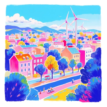 A cityscape showcases a variety of buildings, all adorned with solar panels on their rooftops. Wind turbines stand tall on the outskirts, their blades turning steadily in the light breeze. The streets are lined with greenery, including trees and shrubs. A vibrant park can be seen in the foreground, featuring people enjoying the outdoors. The sky above is clear and blue, with a few fluffy white clouds drifting peacefully. The entire scene reflects a harmonious blend of urban life and sustainable energy.