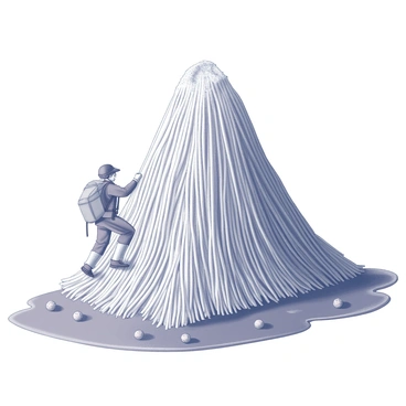 A mountain made entirely of spaghetti, with long strands cascading down the sides. The structure is tall and steep, resembling a natural hill. A person is climbing the spaghetti mountain, using both hands and feet to grasp the noodles as they ascend. The figure is wearing hiking gear, including a backpack, and appears determined. Surrounding the base of the mountain, there are scattered meatballs and a rich tomato sauce pooling around them. The scene captures the playful essence of this unique landscape.