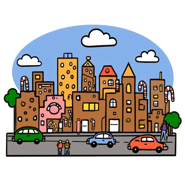 A bustling cityscape filled with buildings made entirely of various types of cookies, including chocolate chip, oatmeal raisin, and gingerbread. The streets are lined with cars also made of cookies, showcasing different shapes and designs, like classic sedans and sports cars. People are walking along the sidewalks, some stopping to admire the cookie architecture. The sky is blue with a few fluffy white clouds overhead, and there are trees made of candy canes adding to the whimsical atmosphere.