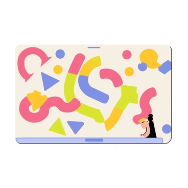 A large illustration board filled with vibrant abstract shapes. The shapes consist of swirling circles, triangles, and squares in various sizes. Each shape features a different bold color, including red, blue, yellow, and green. The shapes overlap and intertwine, creating a dynamic and energetic composition. Some shapes have smooth edges while others are jagged, adding to the visual complexity. The background is a solid, neutral color to make the colorful shapes stand out.