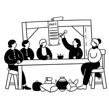 A group of historical figures gathered around a large wooden table, with one figure standing and holding a quill poised above a document titled "Bill of Rights." Each figure is dressed in period attire, with intricate details on their clothing such as buttoning and folds. There are parchment scrolls and ink pots scattered across the table. Some figures are leaning forward, while others look on with a sense of importance. The background features wooden beams and a simple backdrop that suggests a historical setting.