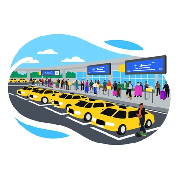 A taxi stand outside an airport featuring a long row of bright yellow taxis parked in designated spaces. The area is bustling with travelers who are standing in organized waiting lines. Each waiting area is marked with clear signs indicating "Taxi Stand" and "Waiting Area." There are several large digital screens displaying flight information above the taxis. The scene includes several luggage carts filled with bags, and a few benches for passengers to sit while they wait. The sky is partly cloudy, and the airport terminal building is visible in the background, showcasing large glass windows and modern architecture.