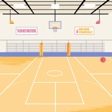 A high school gymnasium featuring a polished wooden basketball court. The court has a three-point line and a center circle, clearly marked with white lines. On the walls, there are colorful motivational banners that read "Teamwork", "Dedication", and "Believe in Yourself" in bold, eye-catching fonts. The gym is brightly lit with fluorescent lights, and bleachers made of metal are visible in the background, ready for spectators. A basketball hoop hangs from the ceiling at each end of the court, with a basketball resting by the sideline.
